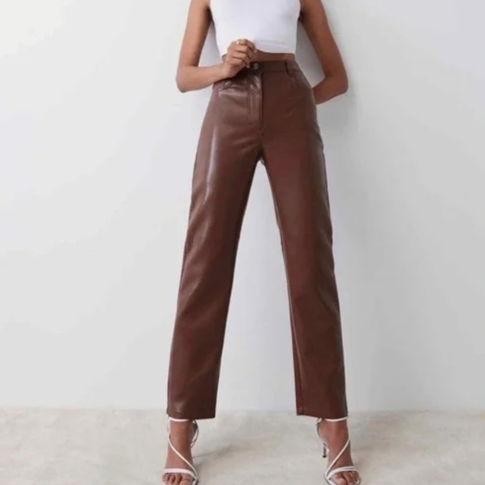 Aritzia Brown Faux Leather High-Rise Straight Pants